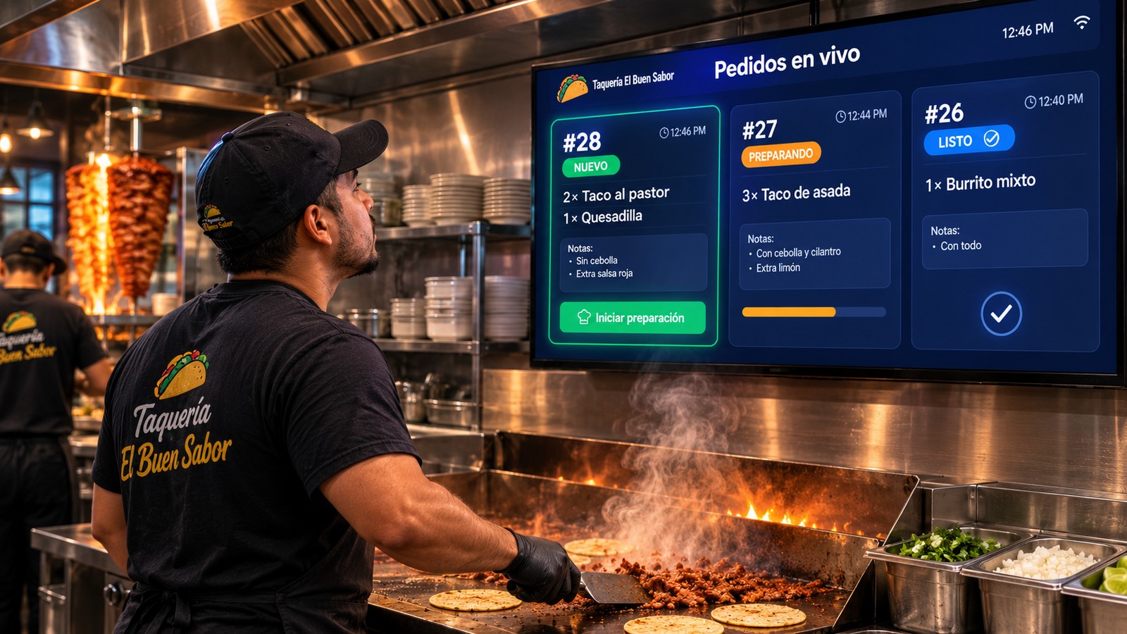 Cocinero viendo los pedidos en la pantalla de cocina