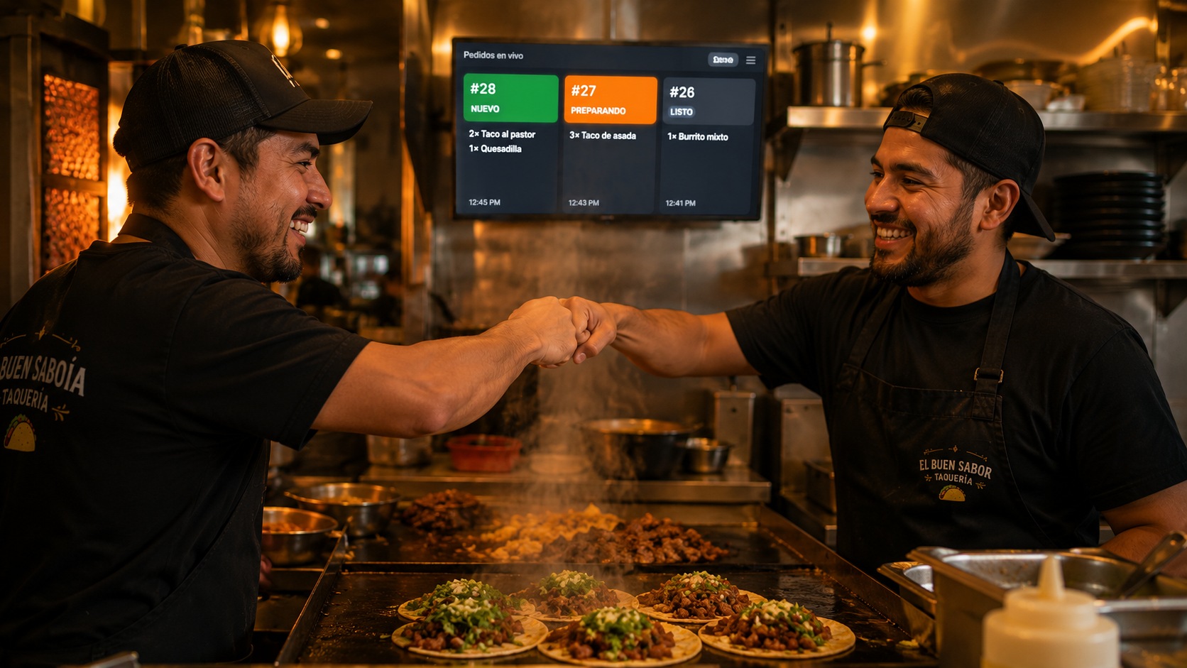 Cocineros celebrando con la pantalla de pedidos